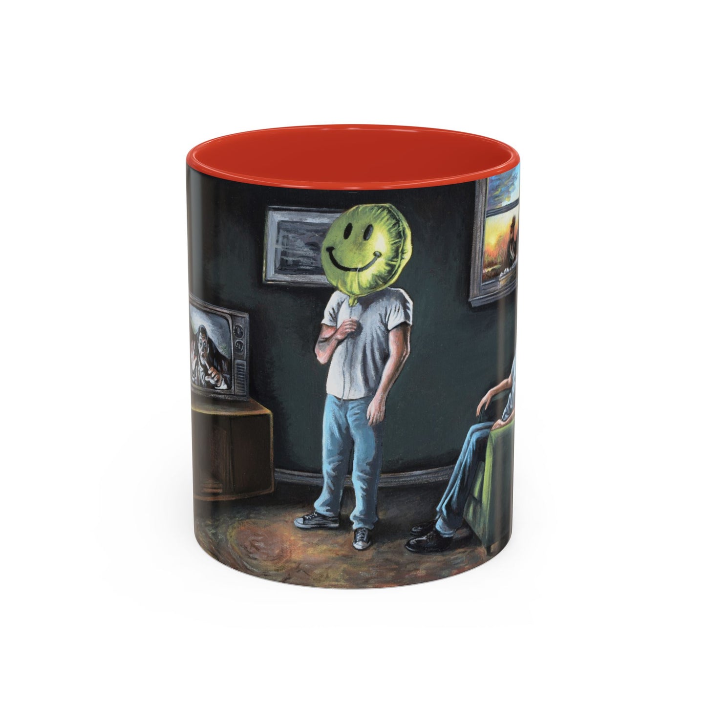 Smiley Mask Art Coffee Mug — Surreal Portrait Accent 11/15oz