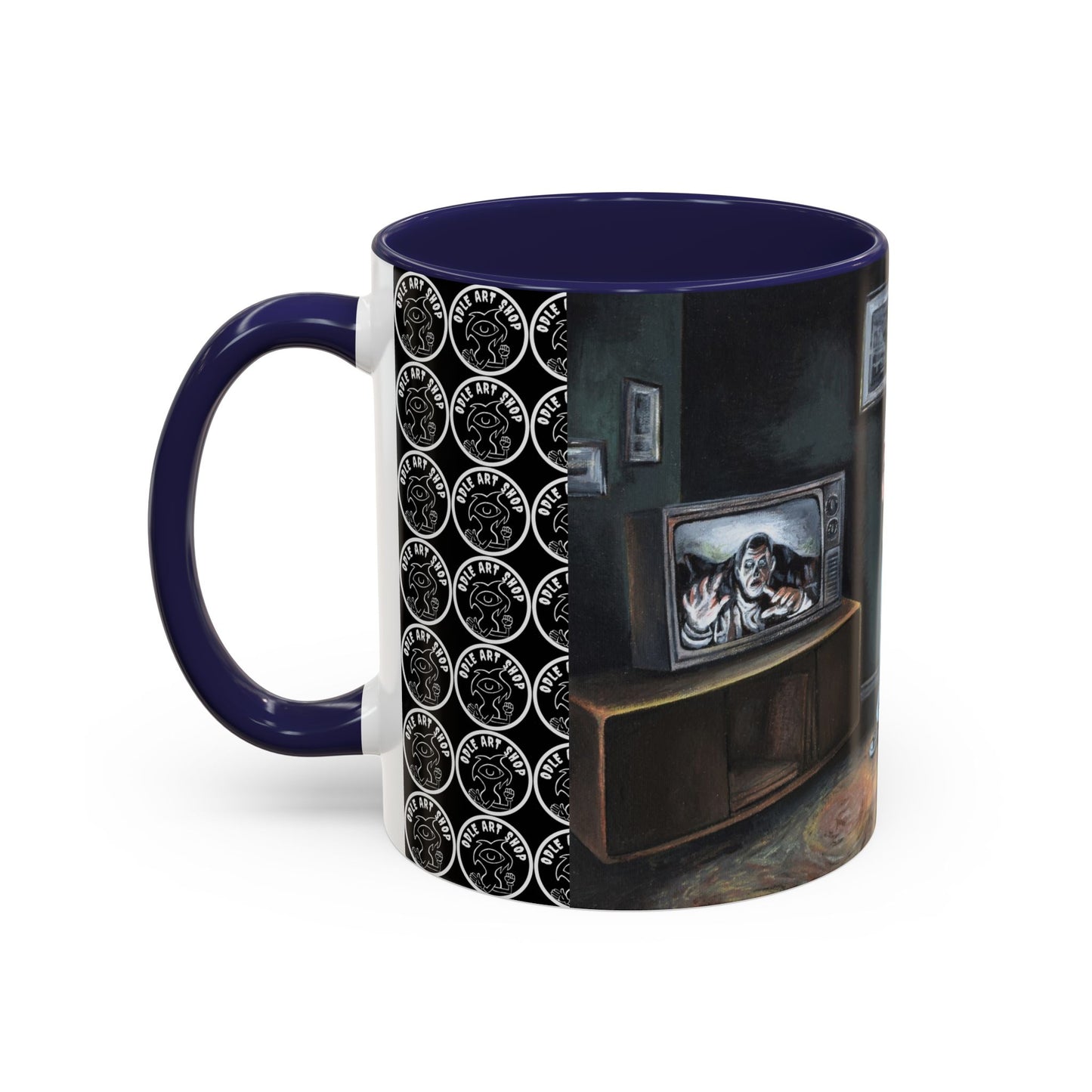 Smiley Mask Art Coffee Mug — Surreal Portrait Accent 11/15oz
