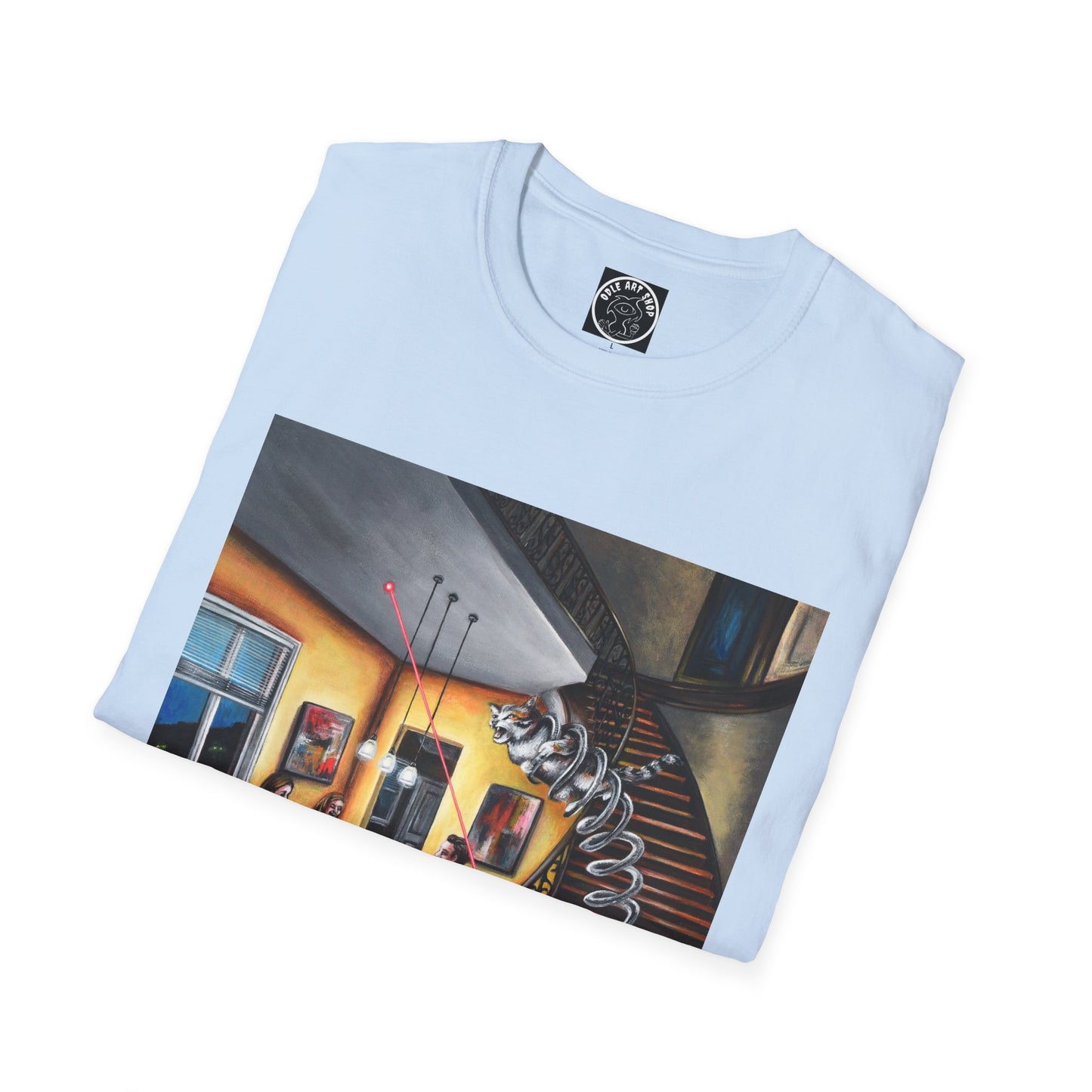 Surreal Spiral Staircase Art T-Shirt — Hand-Painted Room Scene Graphic Tee