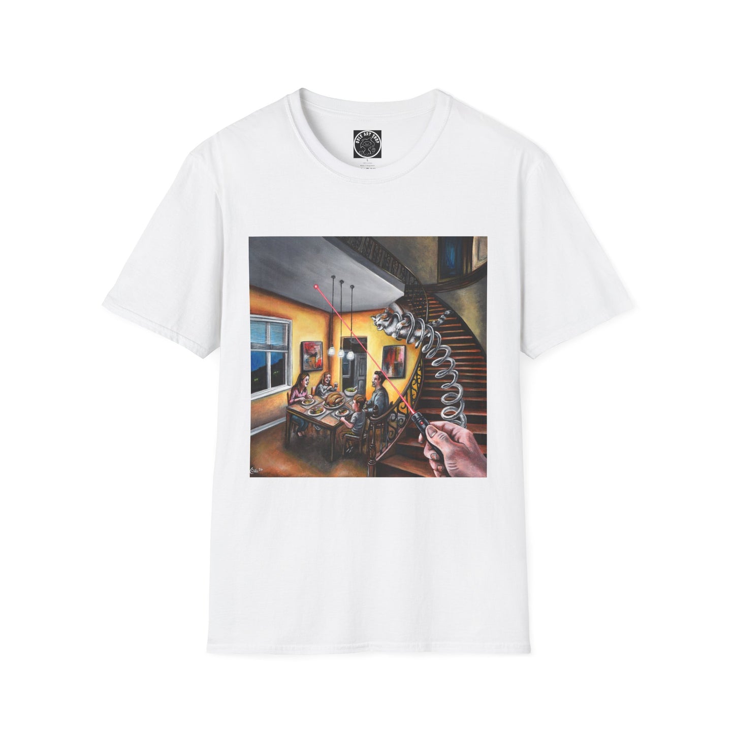 Surreal Spiral Staircase Art T-Shirt — Hand-Painted Room Scene Graphic Tee
