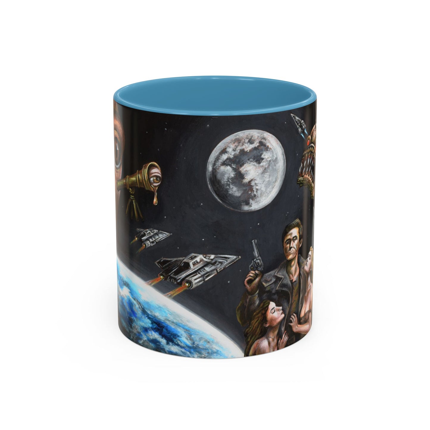 Space Adventure Coffee Mug - Retro Sci‑Fi Crew & Alien Monsters