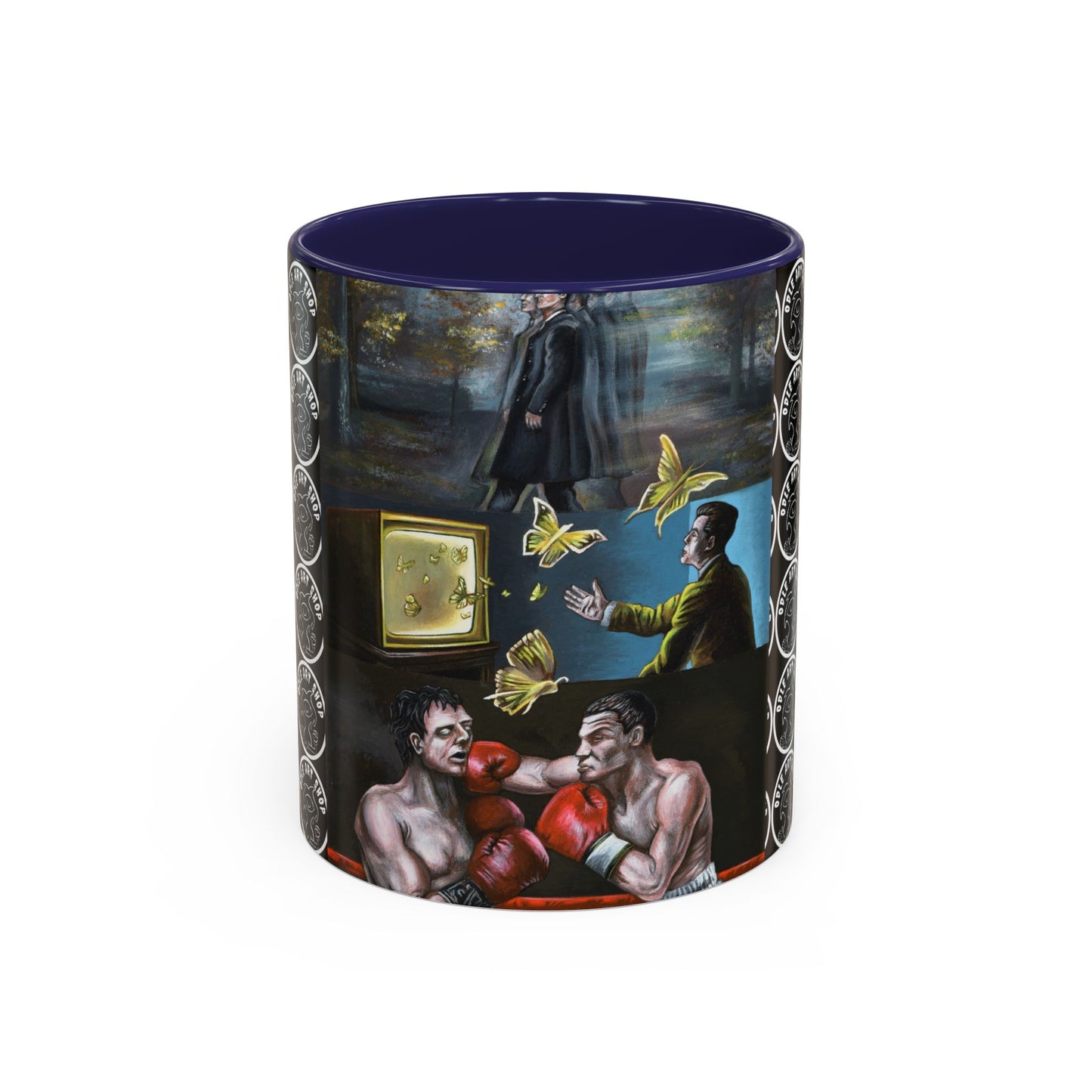 Literary Classics Collage Accent Coffee Mug — Boxing, Butterflies & Dark Forest Art (11/15oz)