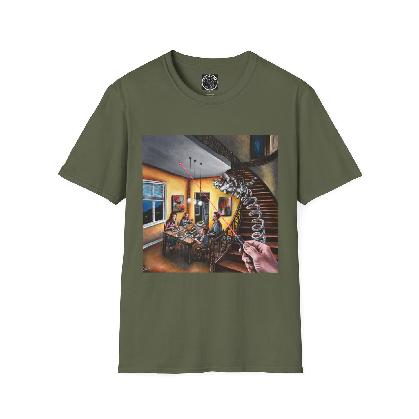 Surreal Spiral Staircase Art T-Shirt — Hand-Painted Room Scene Graphic Tee