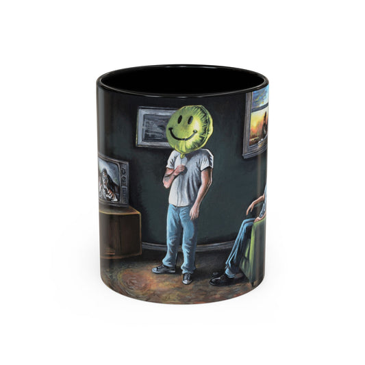 Smiley Mask Art Coffee Mug — Surreal Portrait Accent 11/15oz