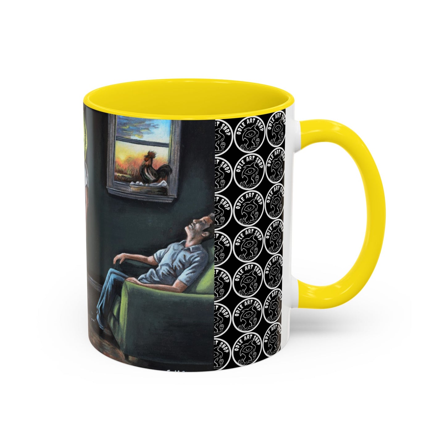 Smiley Mask Art Coffee Mug — Surreal Portrait Accent 11/15oz