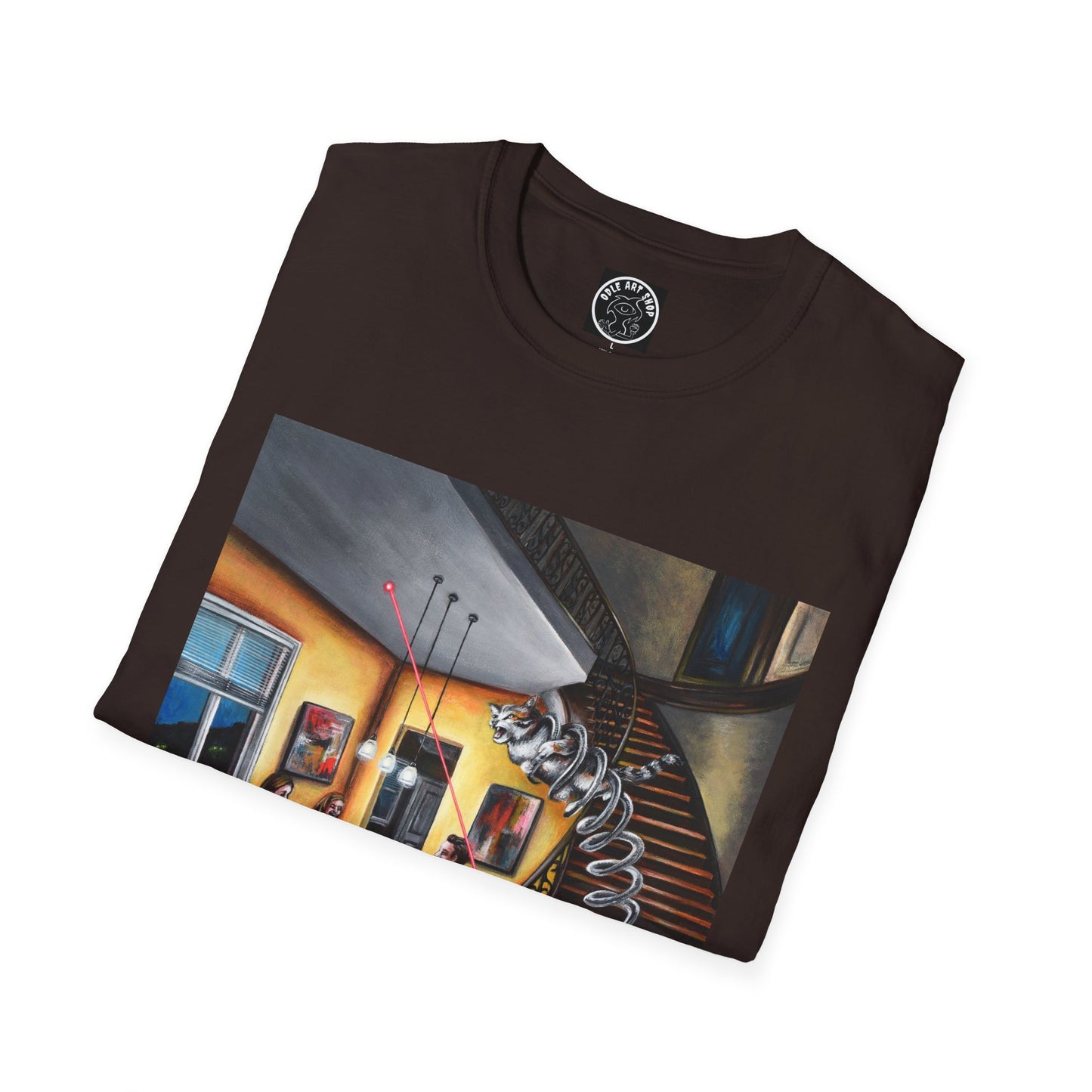 Surreal Spiral Staircase Art T-Shirt — Hand-Painted Room Scene Graphic Tee