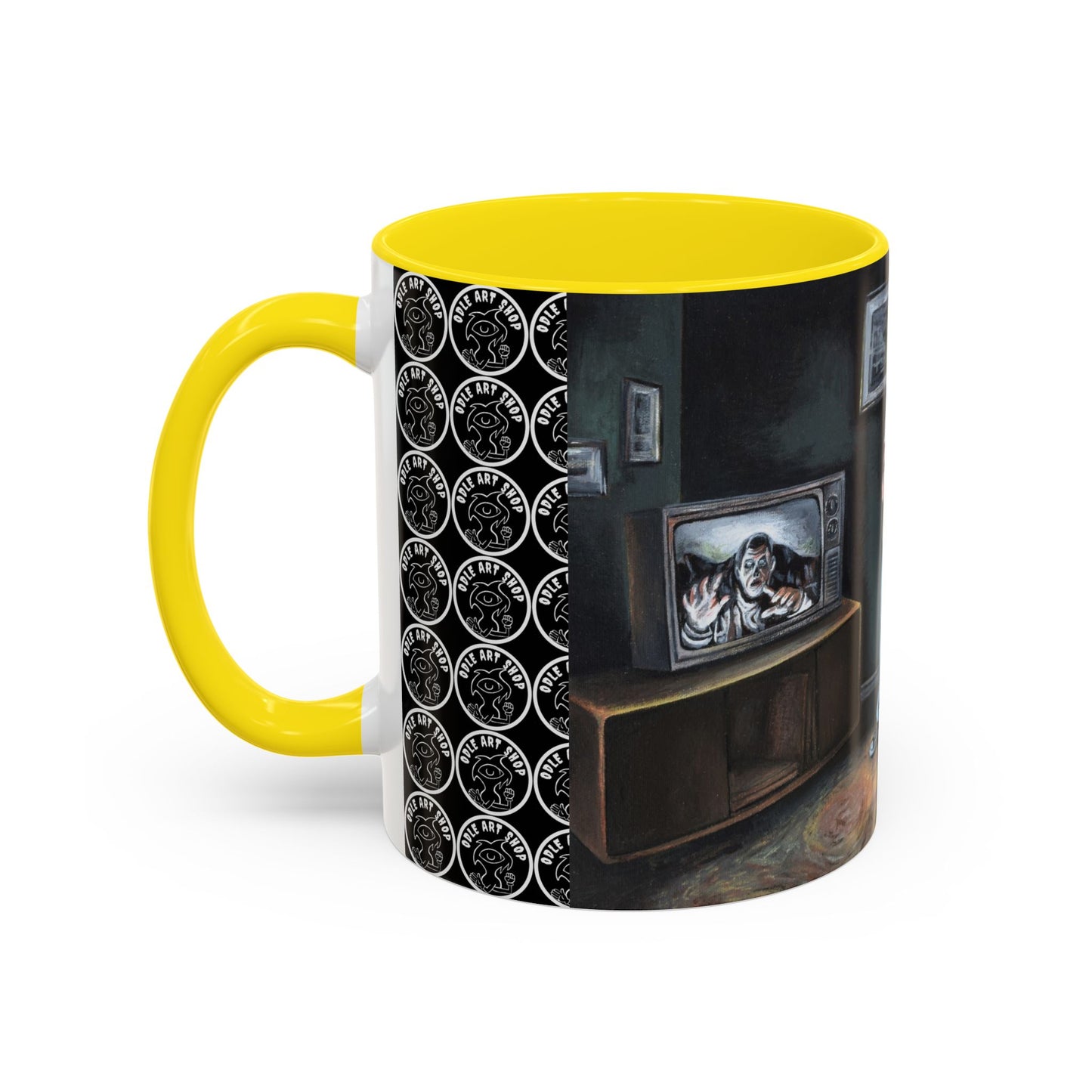 Smiley Mask Art Coffee Mug — Surreal Portrait Accent 11/15oz