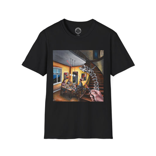 Surreal Spiral Staircase Art T-Shirt — Hand-Painted Room Scene Graphic Tee