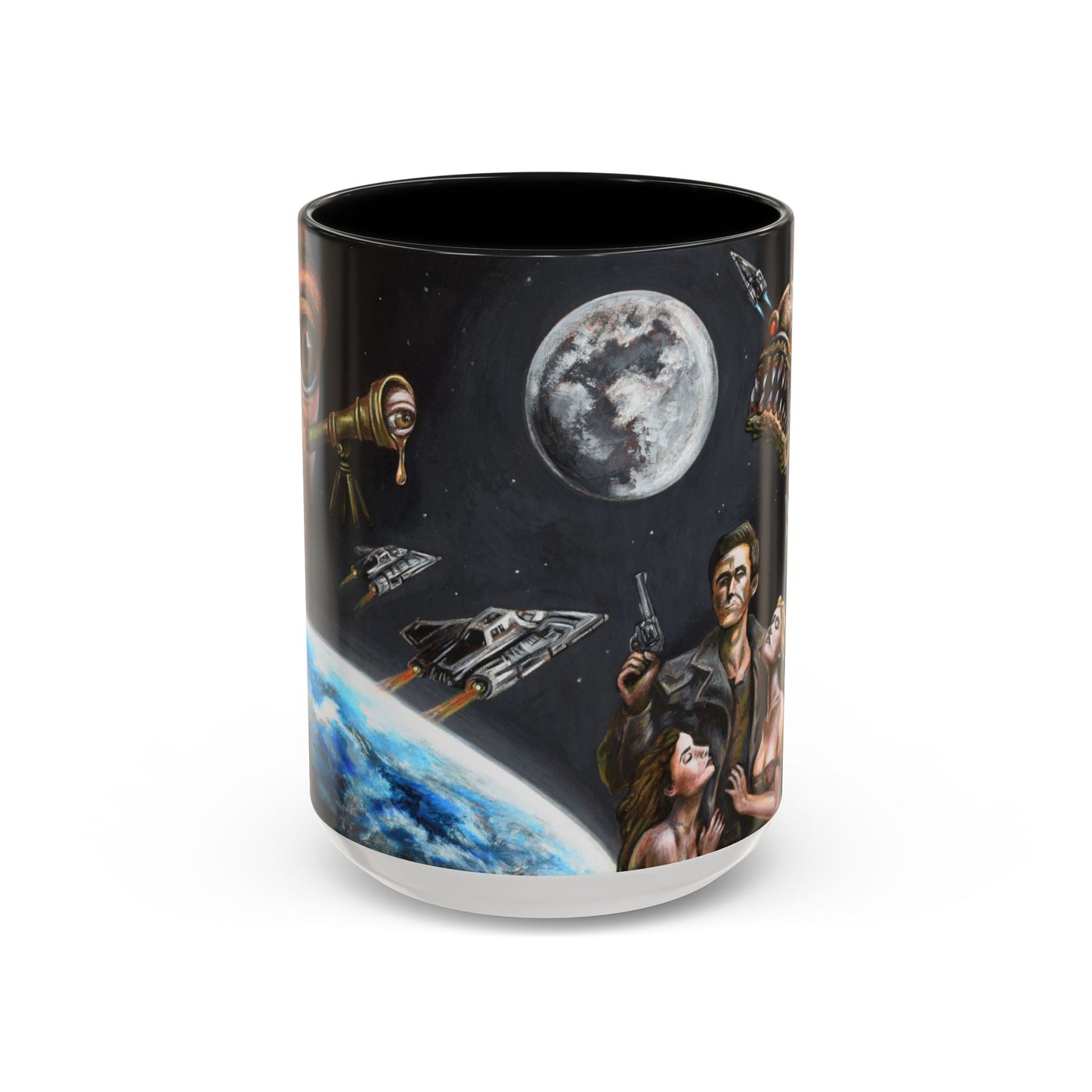 Space Adventure Coffee Mug - Retro Sci‑Fi Crew & Alien Monsters