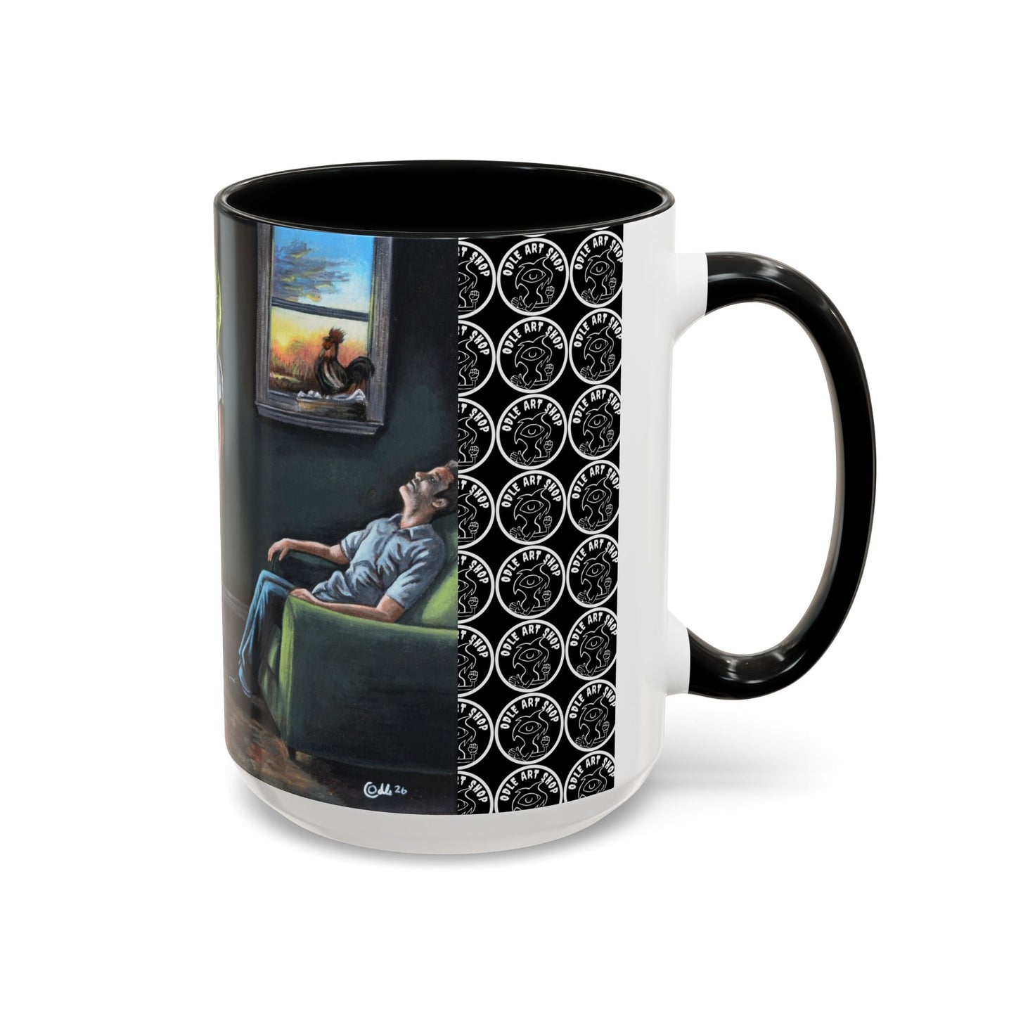 Smiley Mask Art Coffee Mug — Surreal Portrait Accent 11/15oz