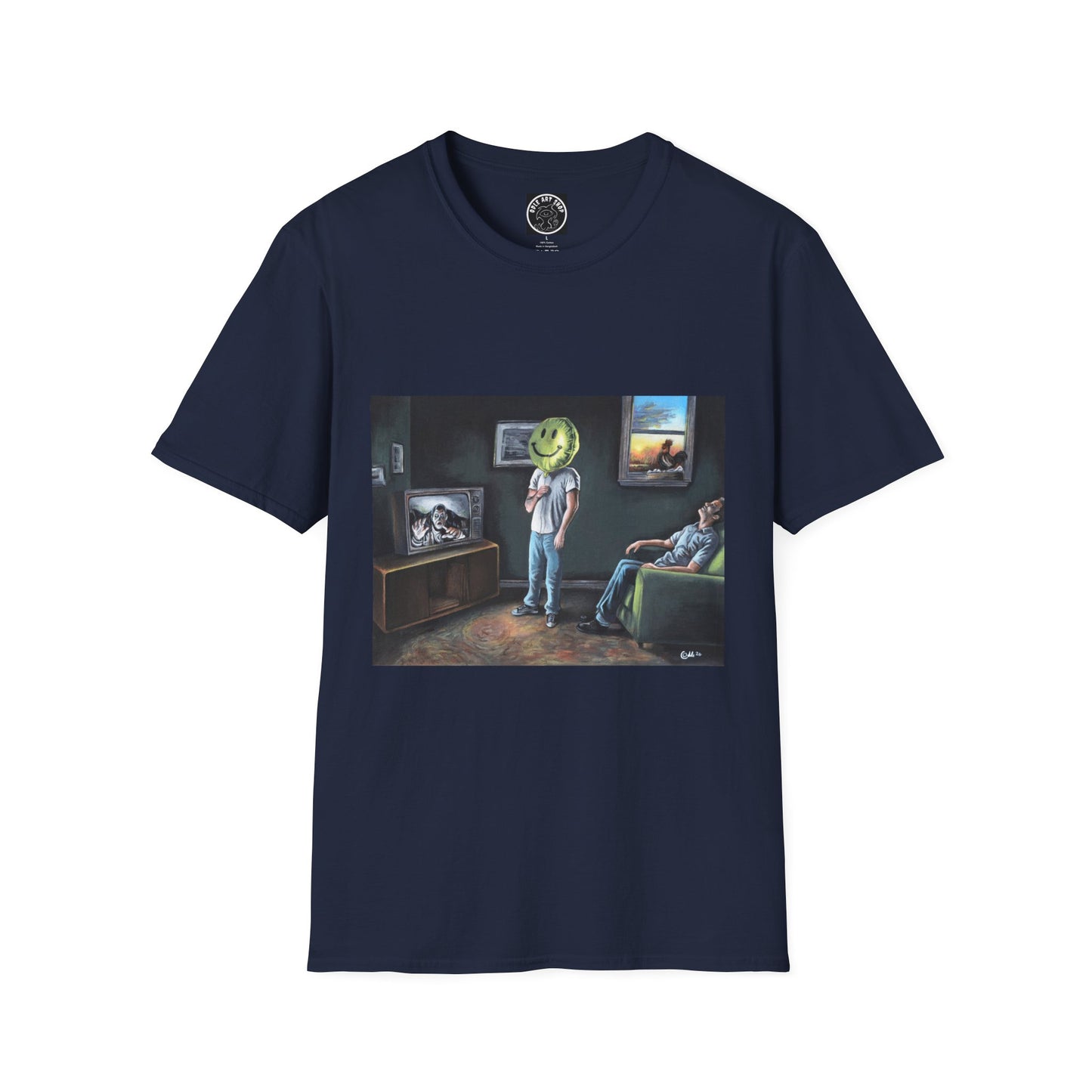 Surreal Smiley Mask Art T-Shirt — Retro TV Night Scene