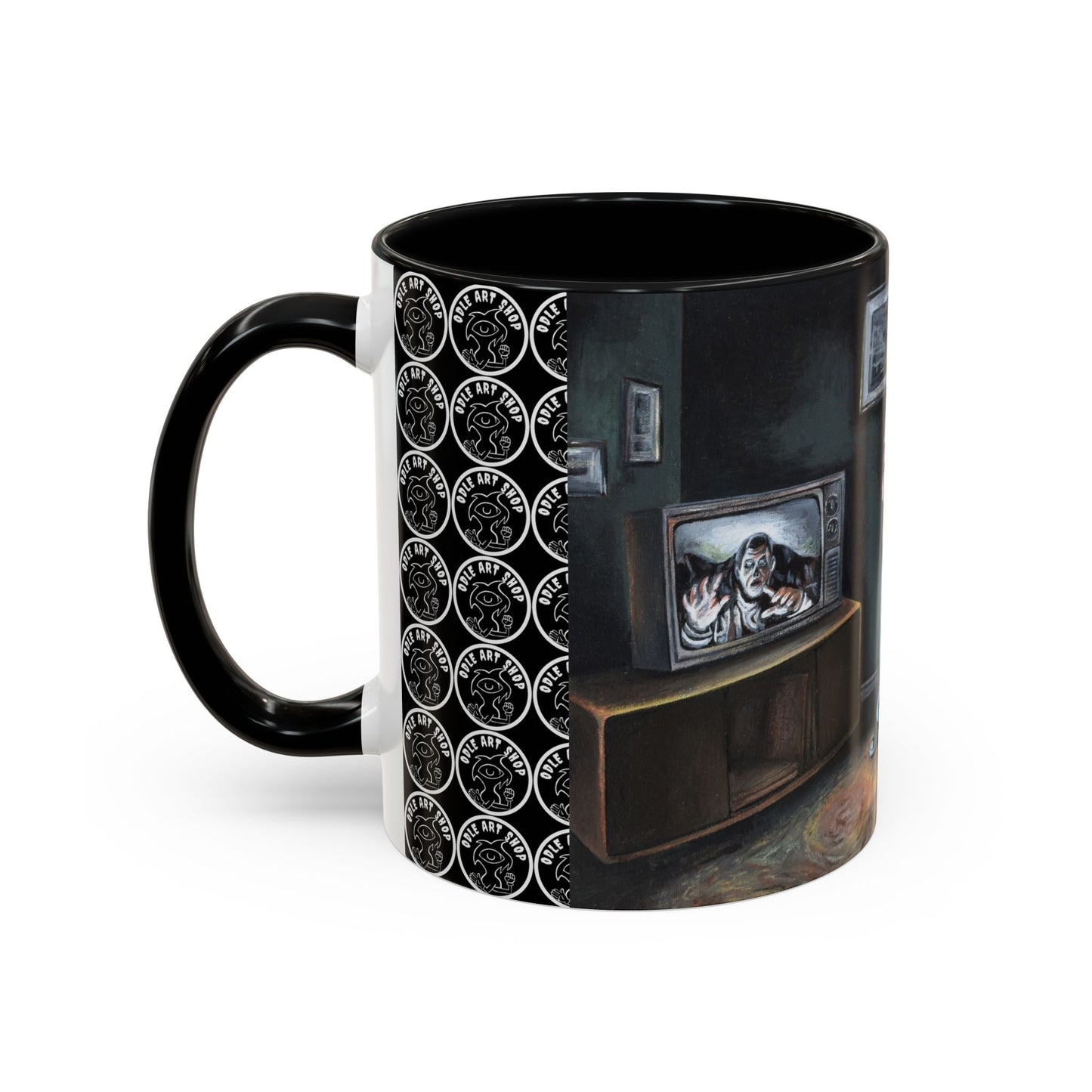 Smiley Mask Art Coffee Mug — Surreal Portrait Accent 11/15oz