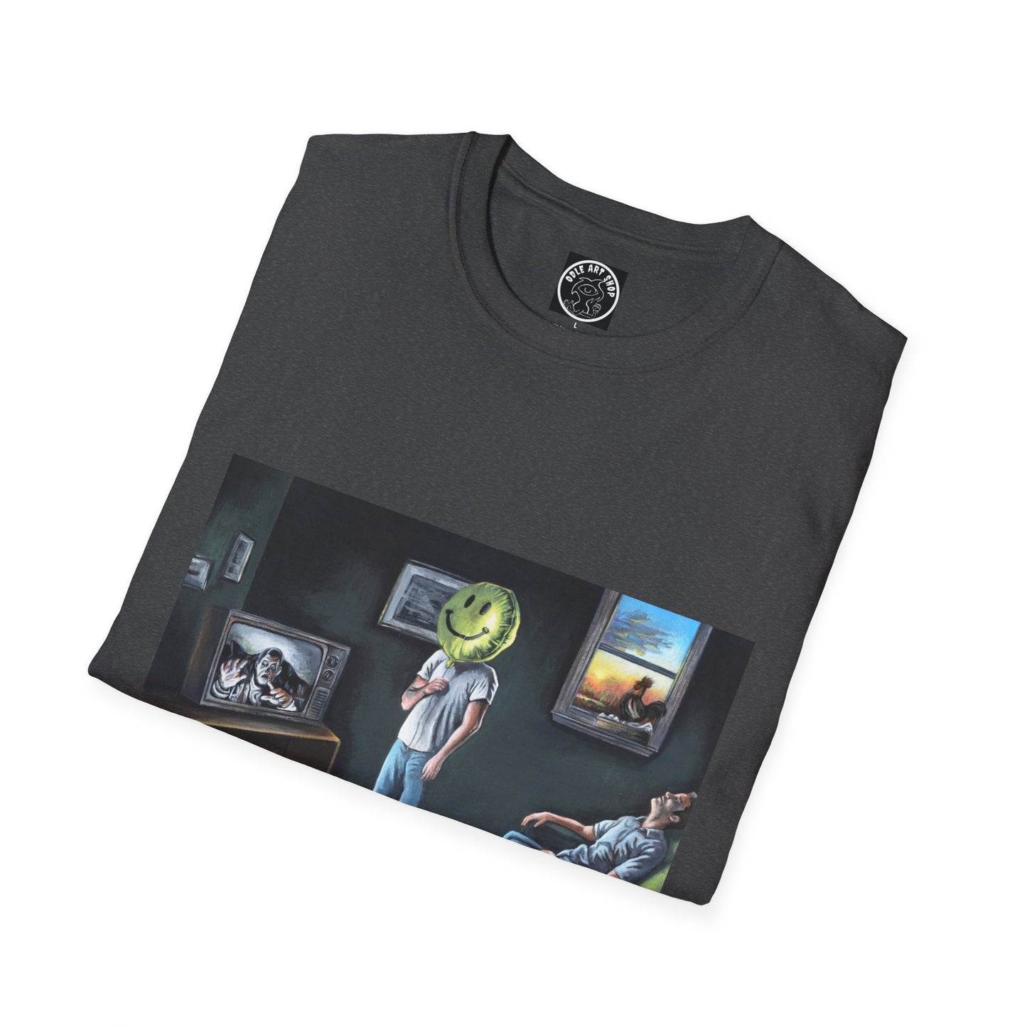 Surreal Smiley Mask Art T-Shirt — Retro TV Night Scene