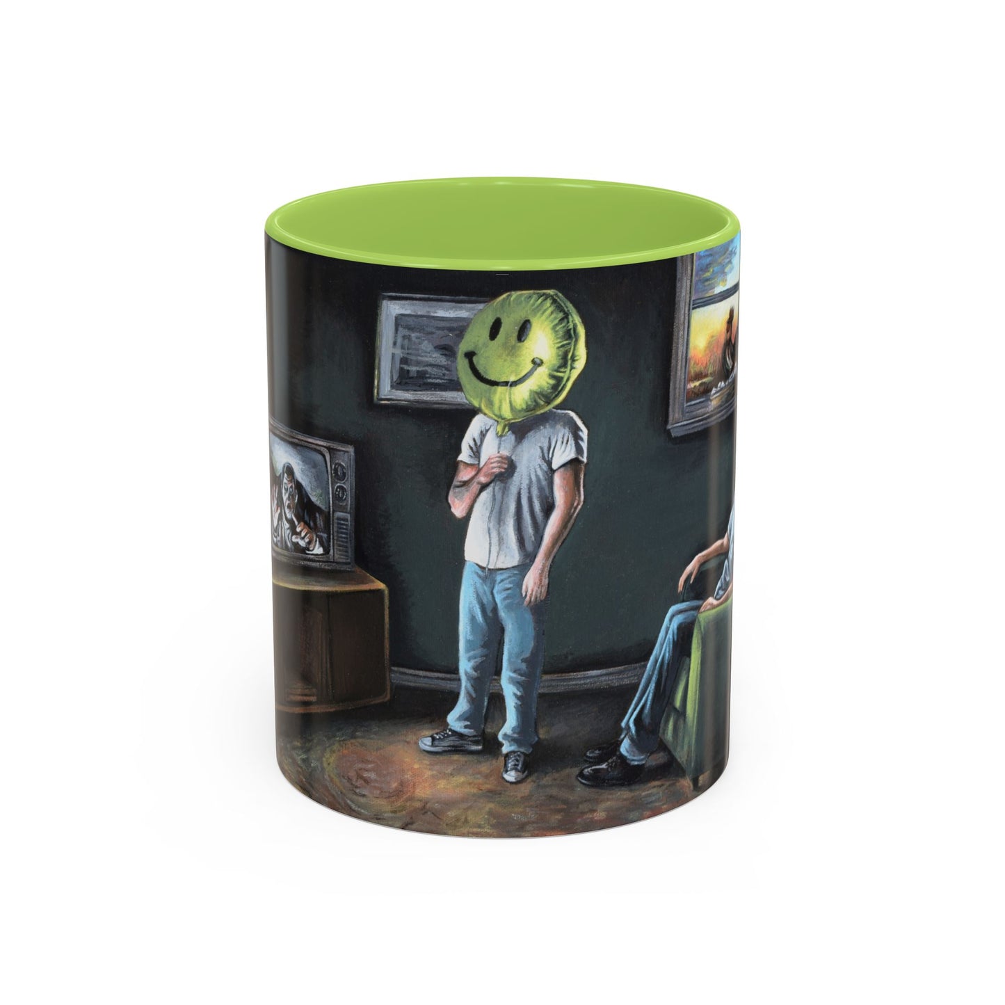 Smiley Mask Art Coffee Mug — Surreal Portrait Accent 11/15oz