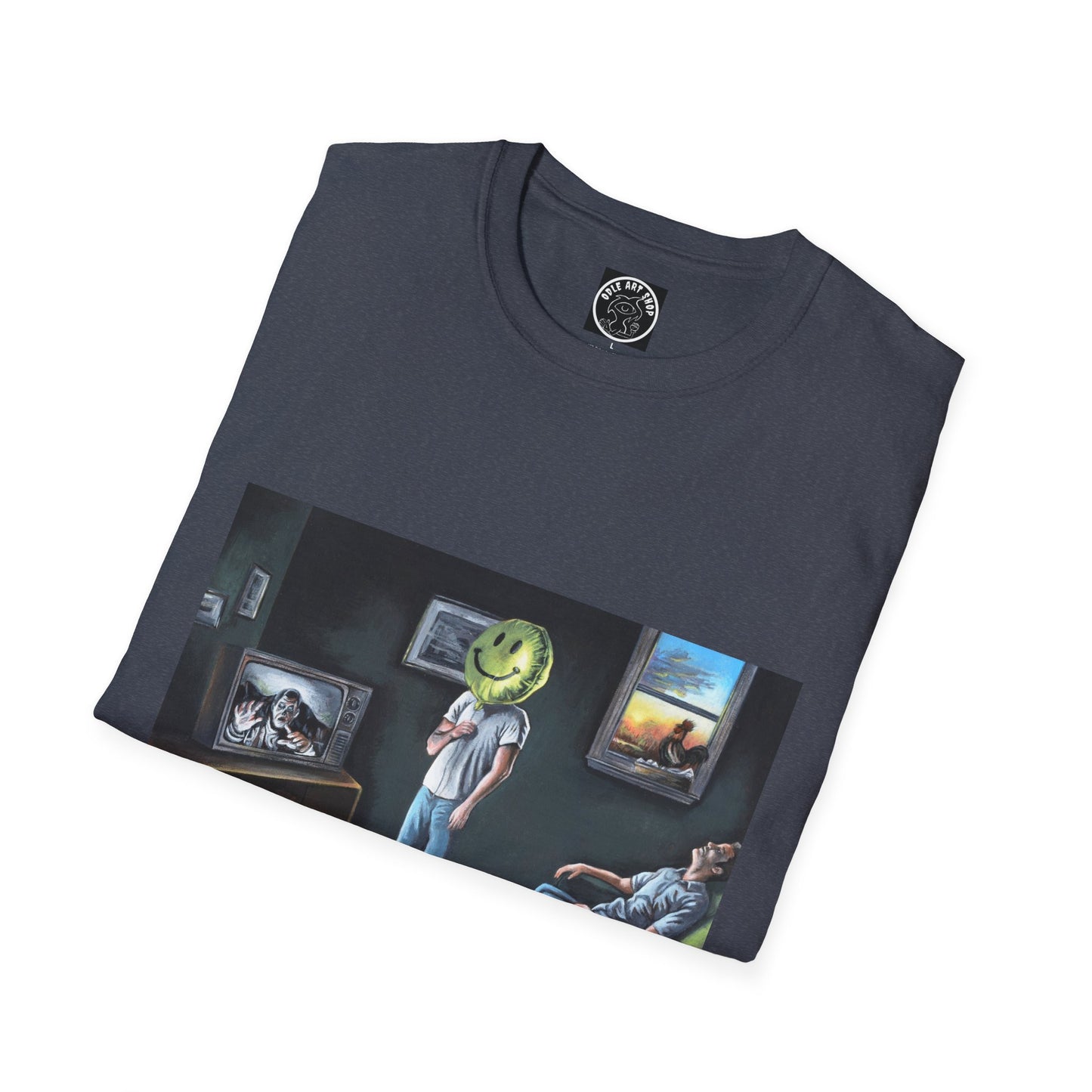Surreal Smiley Mask Art T-Shirt — Retro TV Night Scene