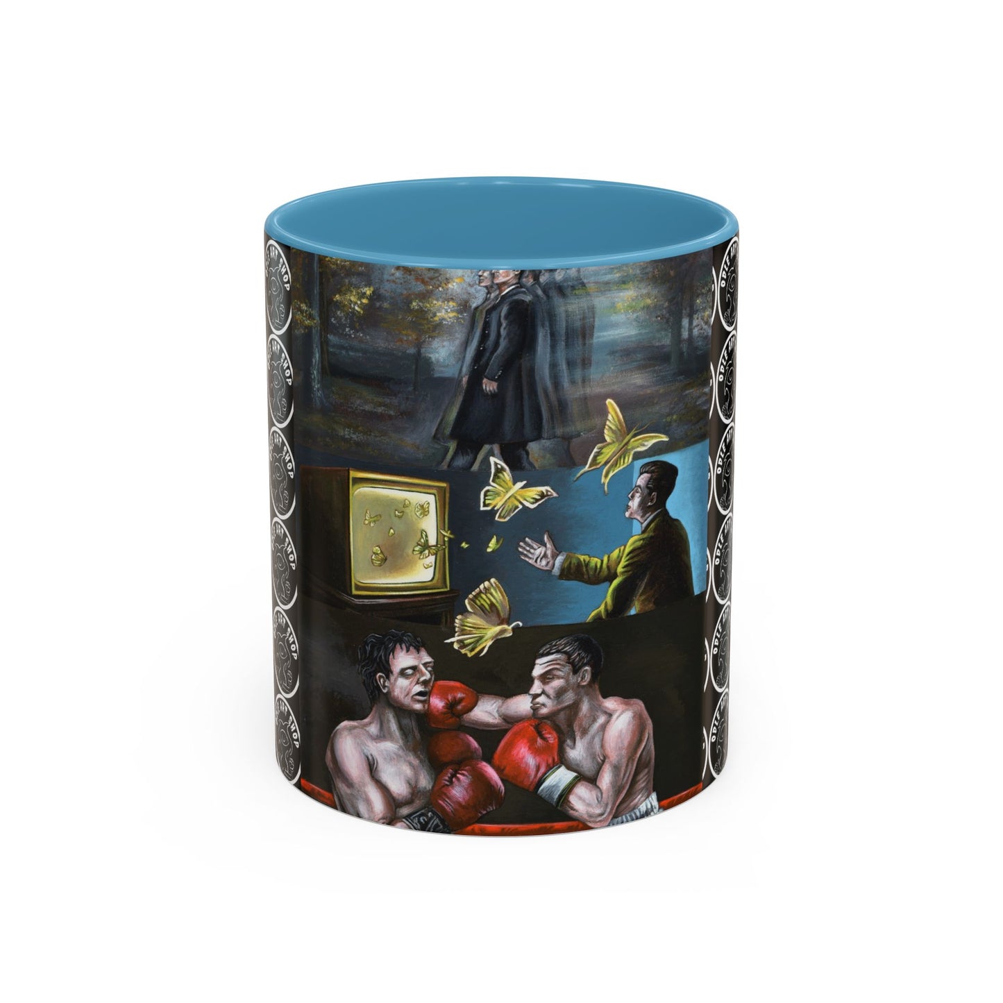 Literary Classics Collage Accent Coffee Mug — Boxing, Butterflies & Dark Forest Art (11/15oz)