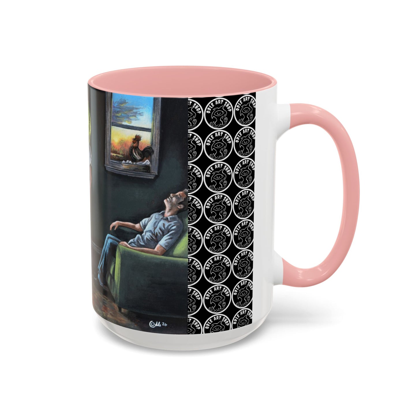 Smiley Mask Art Coffee Mug — Surreal Portrait Accent 11/15oz