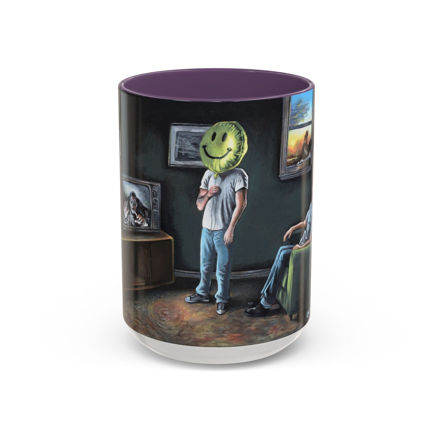Smiley Mask Art Coffee Mug — Surreal Portrait Accent 11/15oz