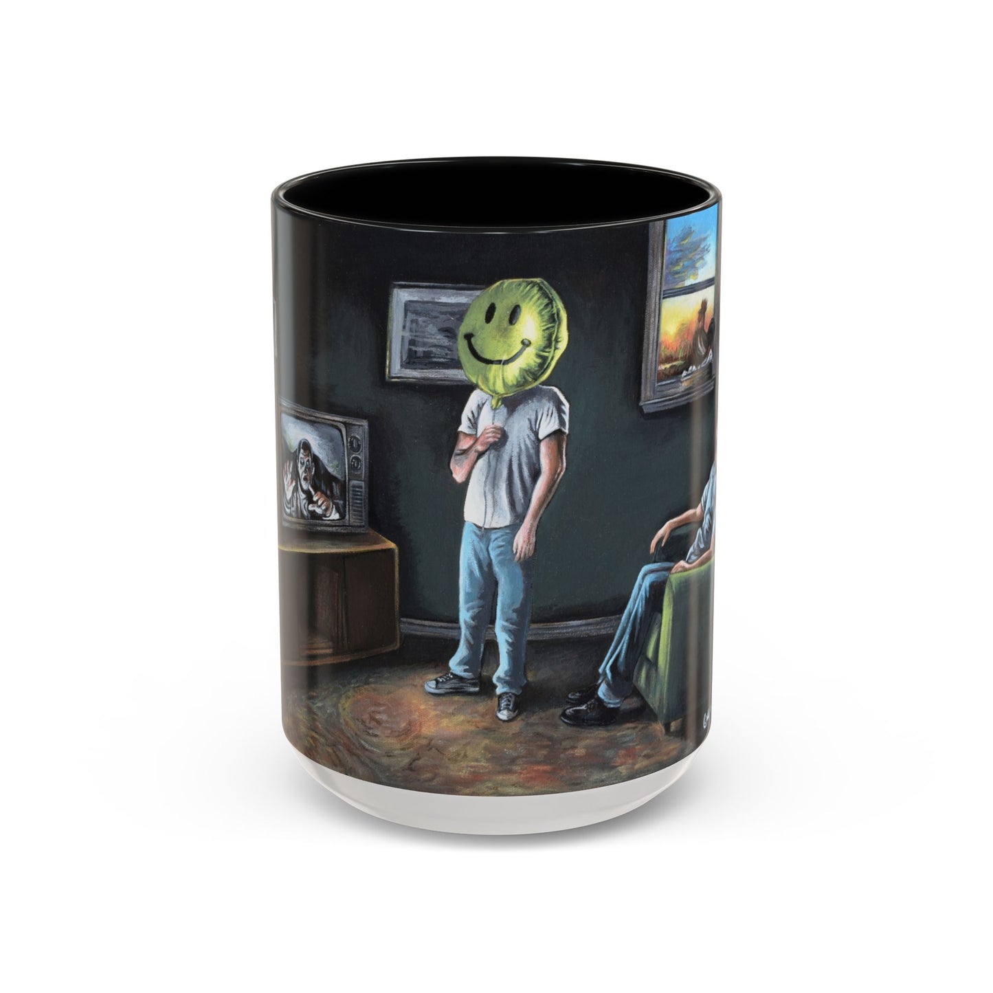 Smiley Mask Art Coffee Mug — Surreal Portrait Accent 11/15oz