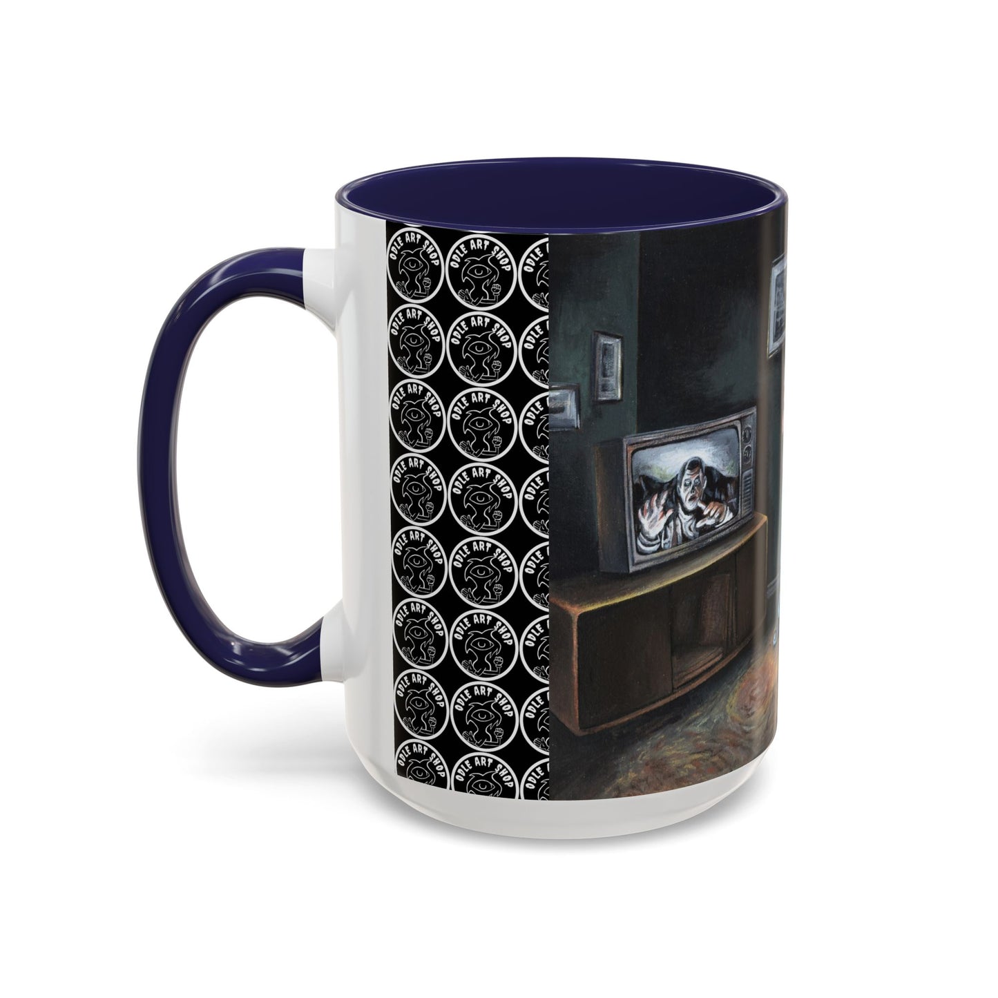 Smiley Mask Art Coffee Mug — Surreal Portrait Accent 11/15oz