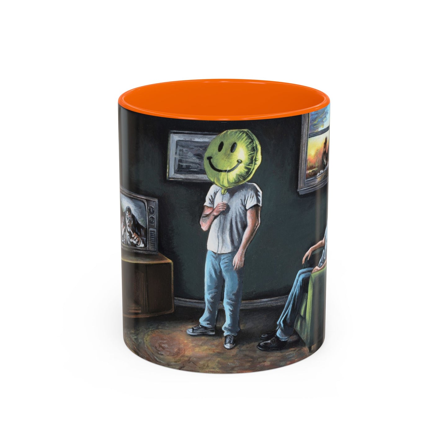 Smiley Mask Art Coffee Mug — Surreal Portrait Accent 11/15oz