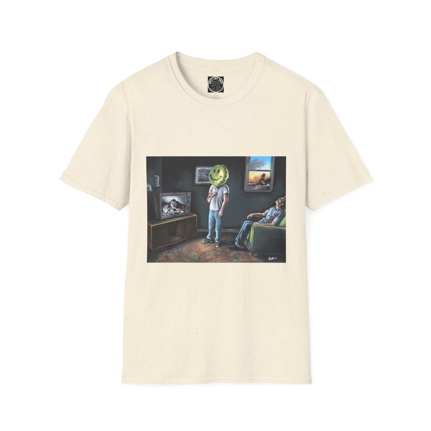 Surreal Smiley Mask Art T-Shirt — Retro TV Night Scene