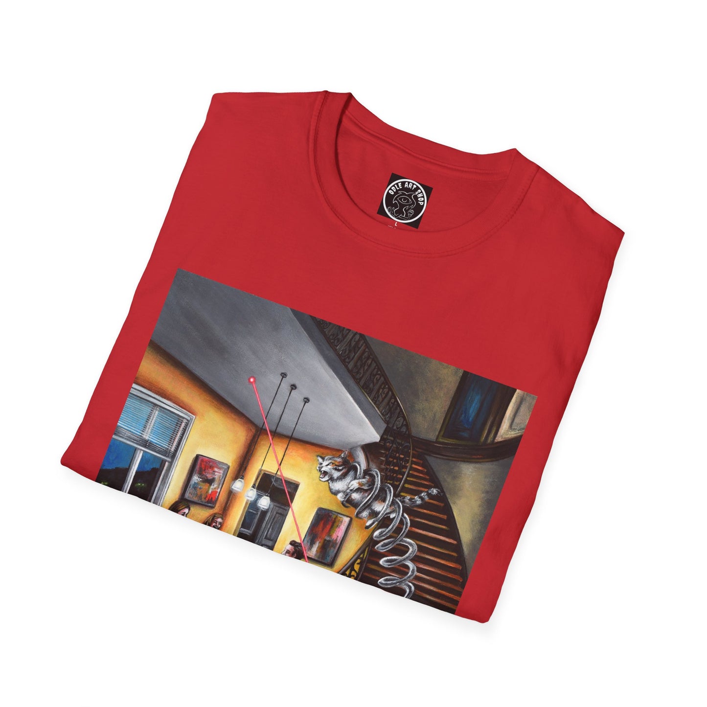 Surreal Spiral Staircase Art T-Shirt — Hand-Painted Room Scene Graphic Tee