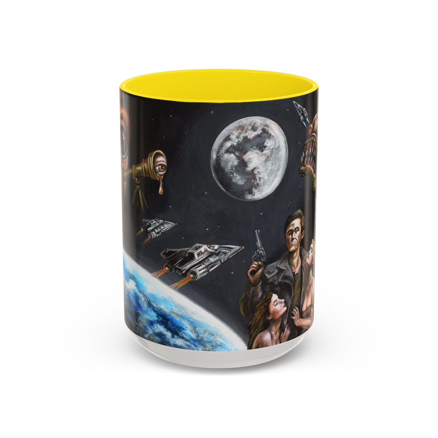 Space Adventure Coffee Mug - Retro Sci‑Fi Crew & Alien Monsters