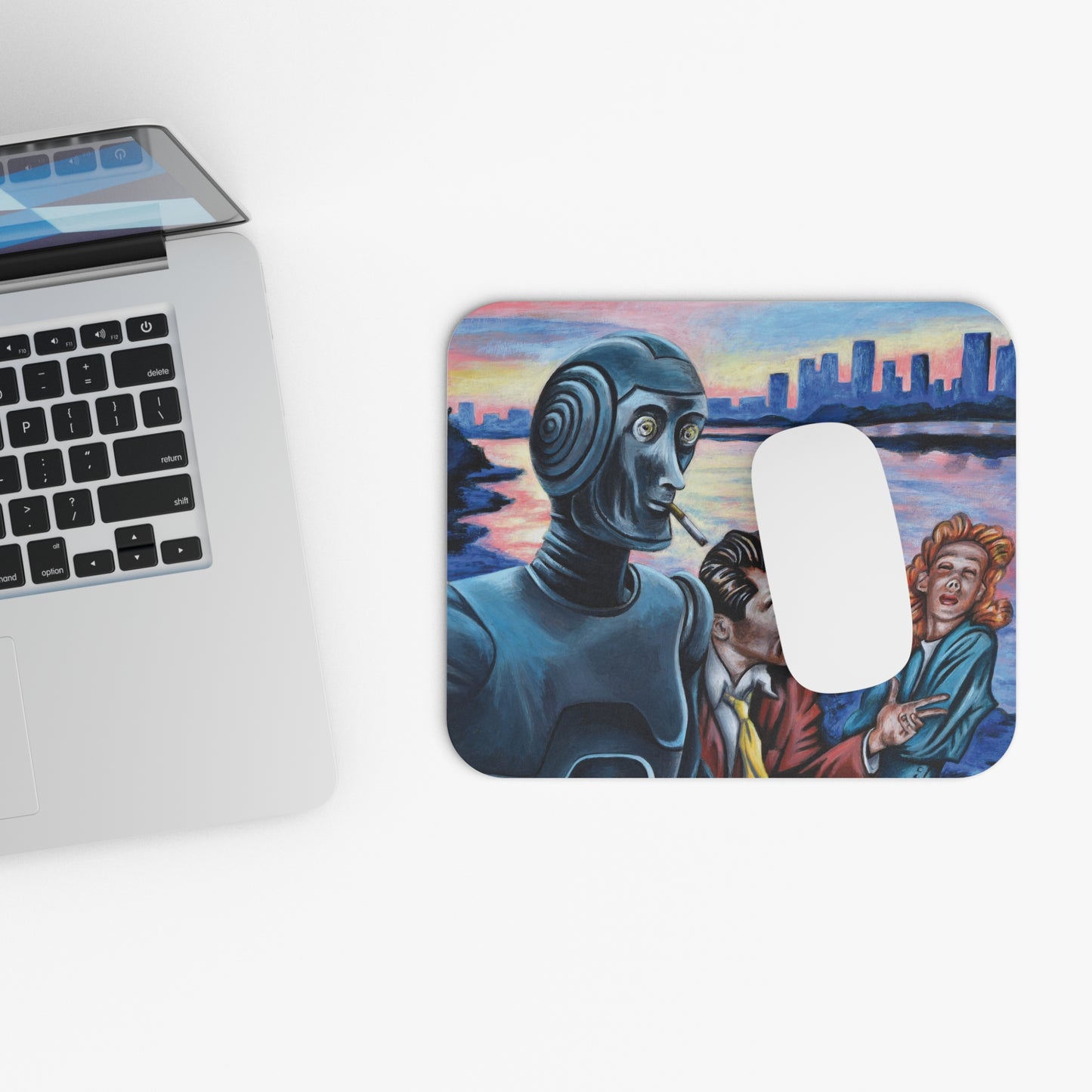 Retro Sci-Fi Mouse Pad - Colorful Urban Landscape Design